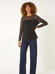 Roman Black Holographic Foil Mesh Sleeve Top - Image 2 of 5
