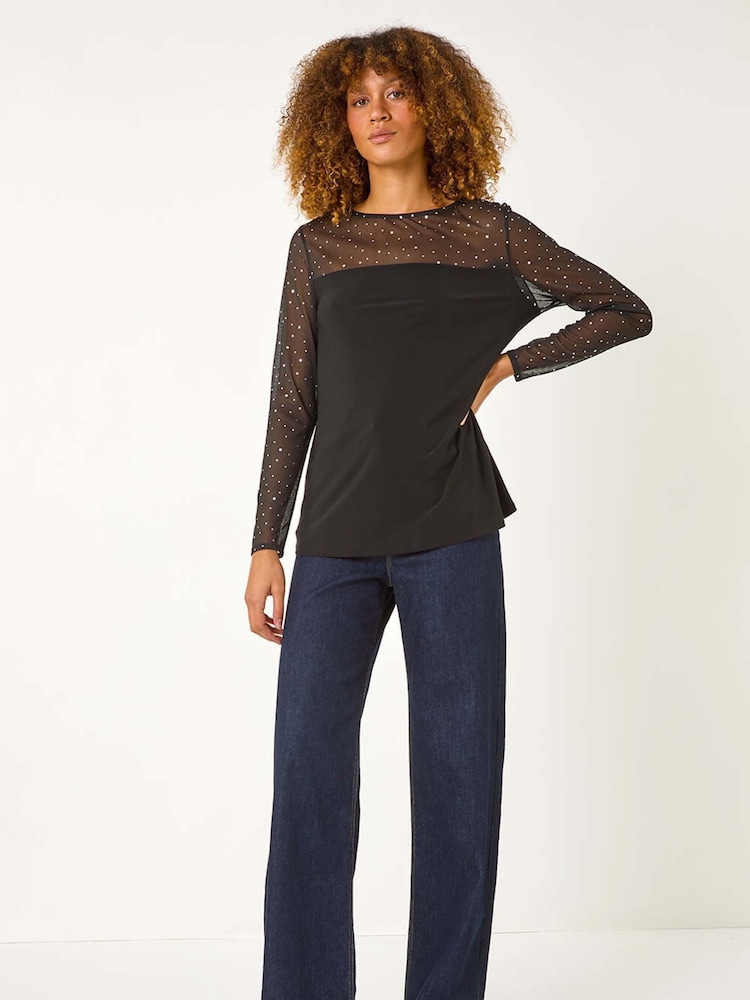 Roman Black Holographic Foil Mesh Sleeve Top - Image 2 of 5