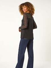 Roman Black Holographic Foil Mesh Sleeve Top - Image 3 of 5