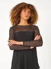 Roman Black Holographic Foil Mesh Sleeve Top - Image 4 of 5