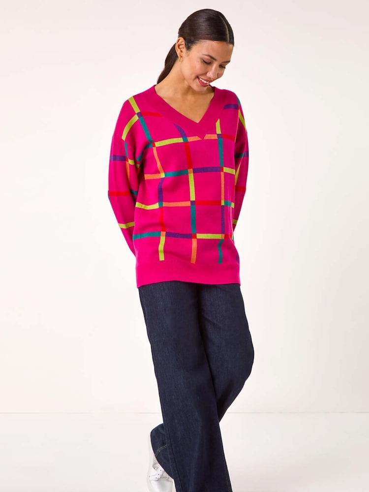 Roman Pink Grid Patten V-Neck Knit Jumper - Image 2 of 5