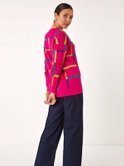 Roman Pink Grid Patten V-Neck Knit Jumper - Image 3 of 5