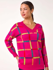 Roman Pink Grid Patten V-Neck Knit Jumper - Image 4 of 5