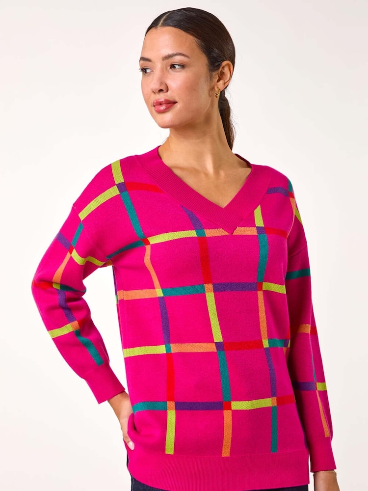 Roman Pink Grid Patten V-Neck Knit Jumper - Image 4 of 5