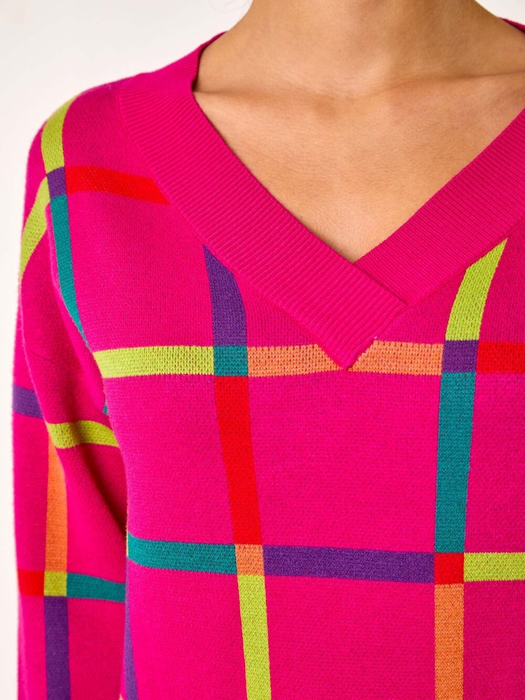Roman Pink Grid Patten V-Neck Knit Jumper - Image 5 of 5