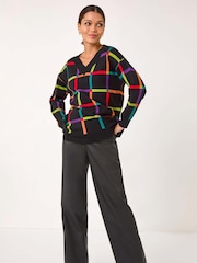 Roman Black Grid Patten V-Neck Knit Jumper - Image 2 of 5