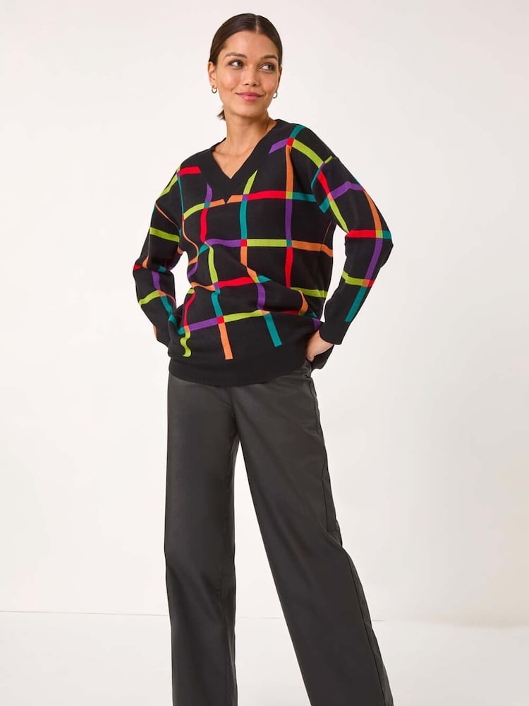Roman Black Grid Patten V-Neck Knit Jumper - Image 2 of 5