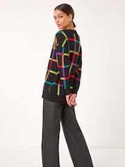 Roman Black Grid Patten V-Neck Knit Jumper - Image 3 of 5