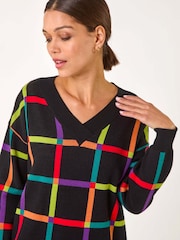Roman Black Grid Patten V-Neck Knit Jumper - Image 4 of 5