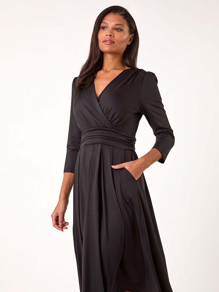 Roman Black Mock Wrap V-Neck Stretch Midi Dress - Image 1 of 5