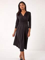 Roman Black Mock Wrap V-Neck Stretch Midi Dress - Image 2 of 5