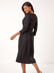 Roman Black Mock Wrap V-Neck Stretch Midi Dress - Image 3 of 5