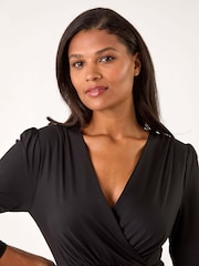 Roman Black Mock Wrap V-Neck Stretch Midi Dress - Image 4 of 5