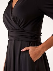 Roman Black Mock Wrap V-Neck Stretch Midi Dress - Image 5 of 5