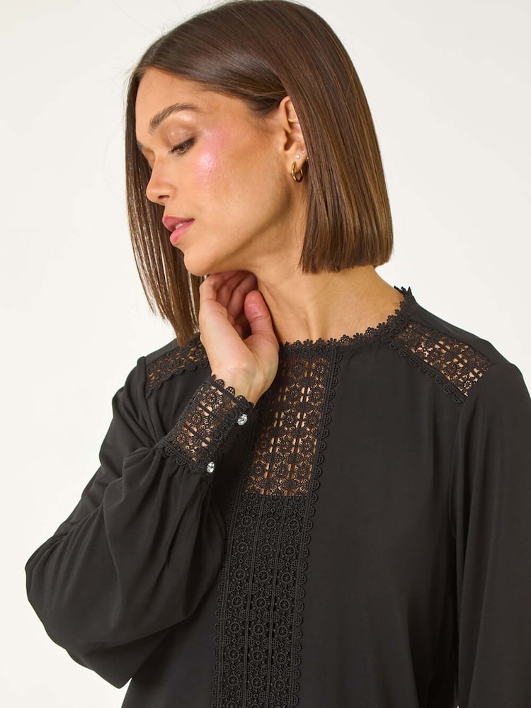 Roman Black Lace Trim Detail Stretch Top - Image 1 of 5 Roman Black Lace Trim Detail Stretch Top - Image 1 of 5