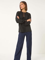 Roman Black Lace Trim Detail Stretch Top - Image 2 of 5