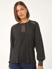 Roman Black Lace Trim Detail Stretch Top - Image 4 of 5