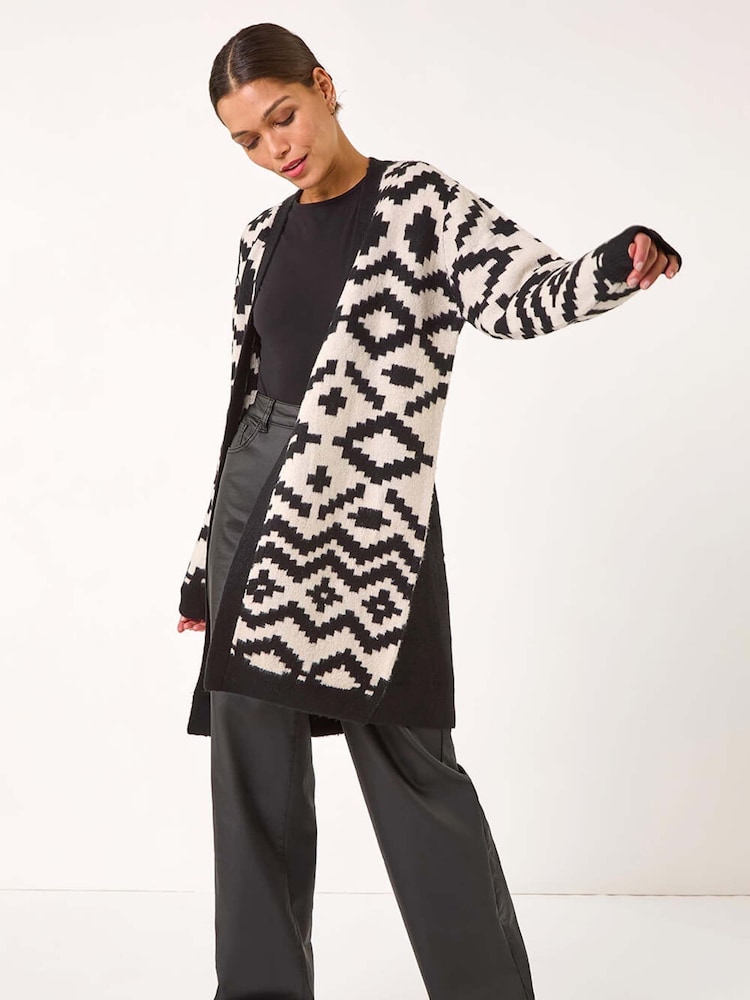 Roman Black Mono Geometric Pattern Knit Cardigan - Image 1 of 5