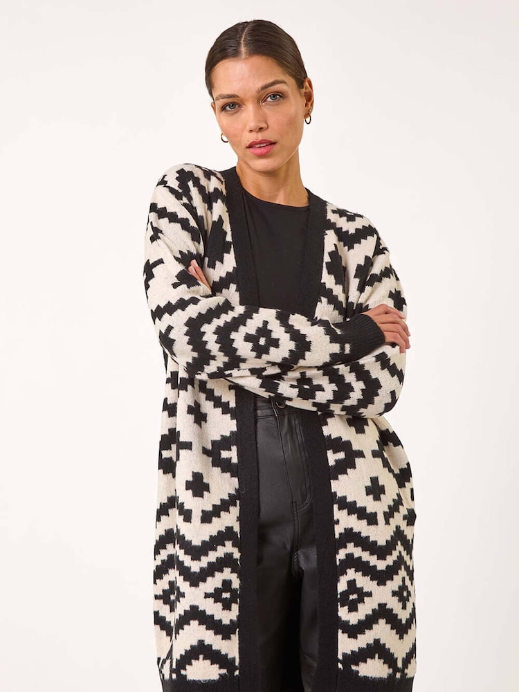 Roman Black Mono Geometric Pattern Knit Cardigan - Image 2 of 5