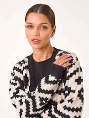 Roman Black Mono Geometric Pattern Knit Cardigan - Image 4 of 5