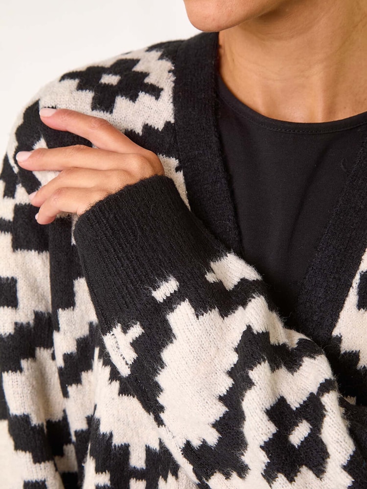 Roman Black Mono Geometric Pattern Knit Cardigan - Image 5 of 5