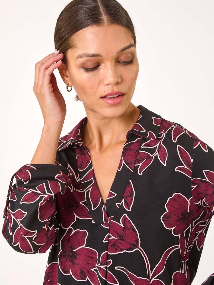 Roman Purple Floral Print V-Neck Collar Top - Image 1 of 5