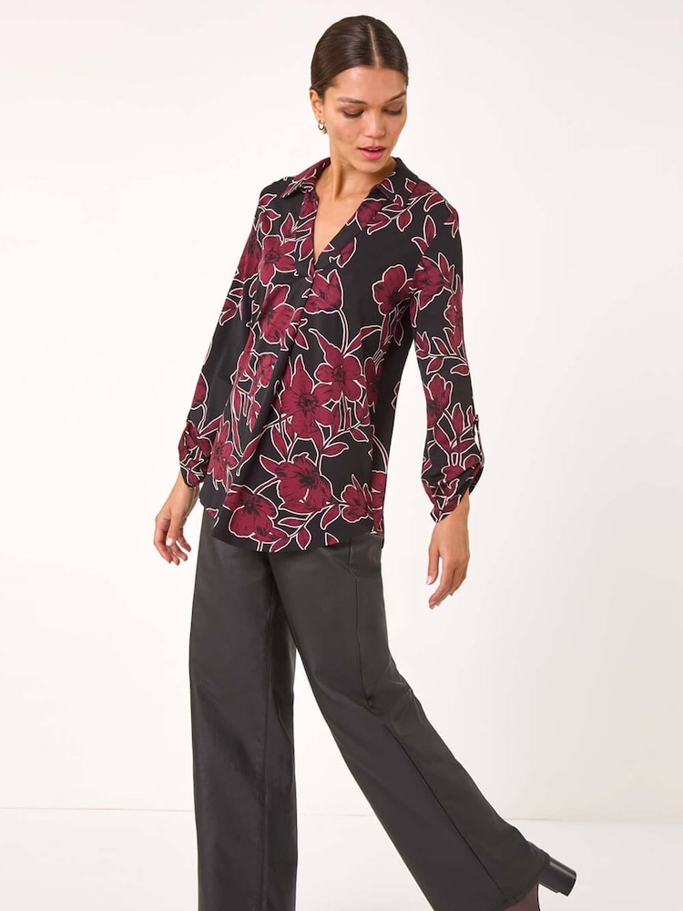 Roman Purple Floral Print V-Neck Collar Top - Image 2 of 5
