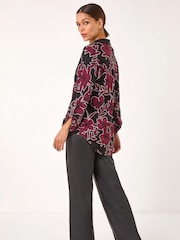 Roman Purple Floral Print V-Neck Collar Top - Image 3 of 5