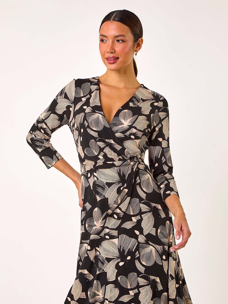 Roman Black Floral Print Wrap Front Stretch Dress - Image 2 of 5