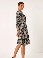 Roman Black Floral Print Wrap Front Stretch Dress - Image 3 of 5