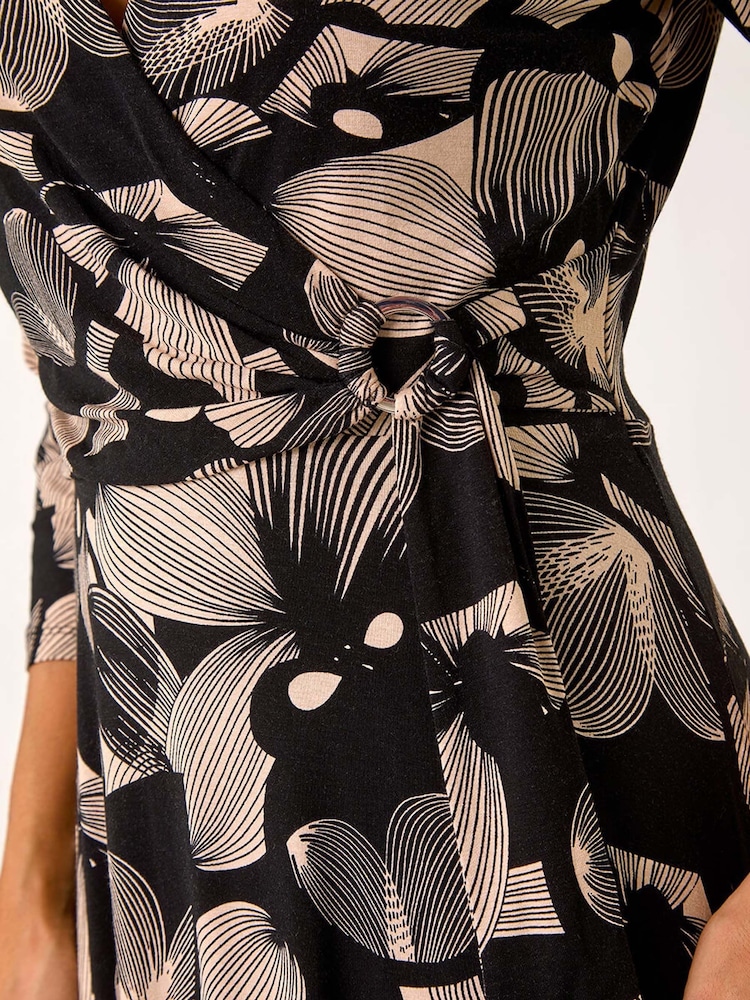 Roman Black Floral Print Wrap Front Stretch Dress - Image 5 of 5