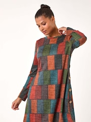 Roman Red Patchwork Pattern Button Detail Dress - Image 1 of 5