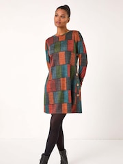 Roman Red Patchwork Pattern Button Detail Dress - Image 2 of 5