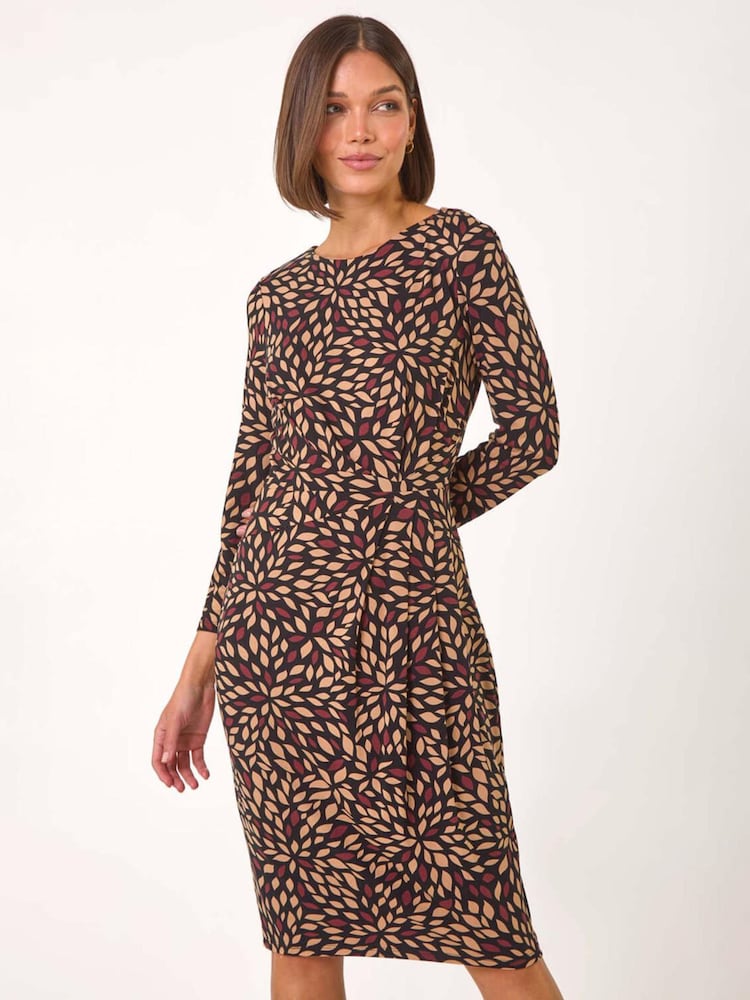 Roman Brown Leaf Print Side Twist Stretch Midi Dress - Image 1 of 5