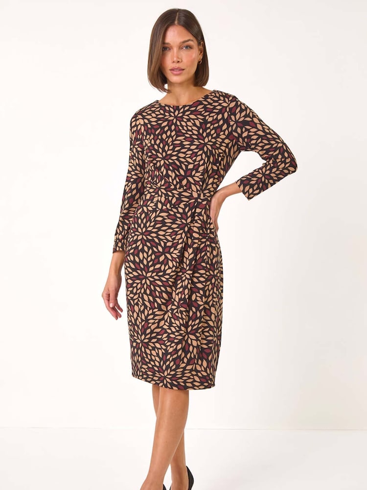 Roman Brown Leaf Print Side Twist Stretch Midi Dress - Image 2 of 5