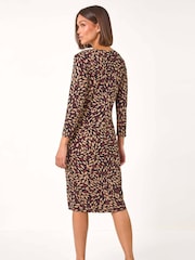 Roman Brown Leaf Print Side Twist Stretch Midi Dress - Image 3 of 5
