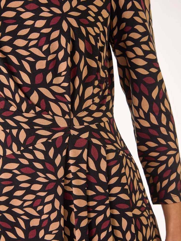 Roman Brown Leaf Print Side Twist Stretch Midi Dress - Image 5 of 5