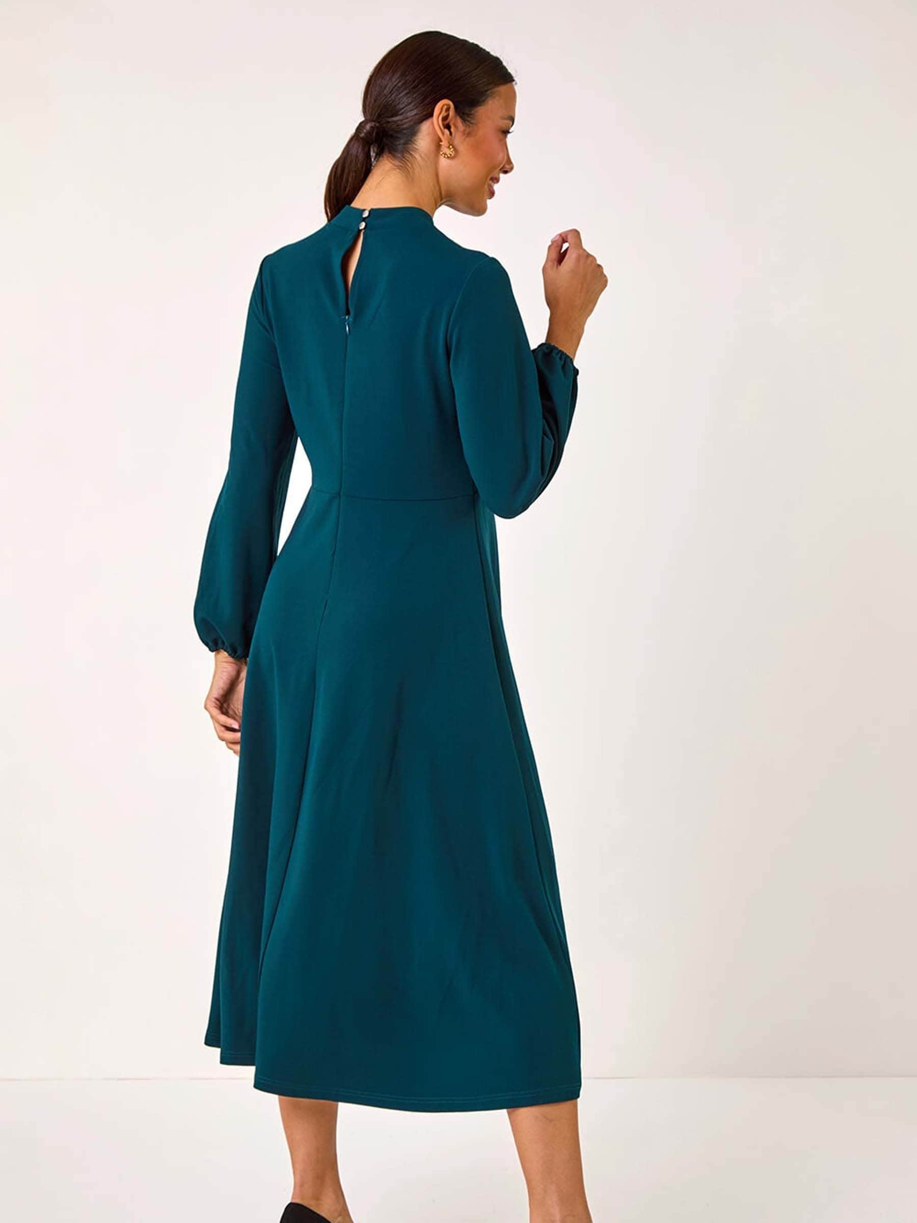 Buy Roman Green High Neck Fit and Flare Stretch Dress from