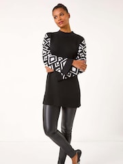Roman Black Patterned Sleeve Tunic Knit Jumper - Image 1 of 5