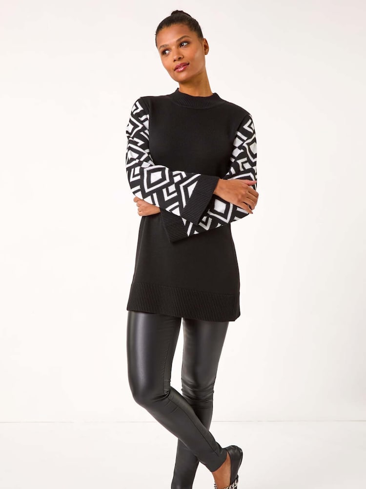 Roman Black Patterned Sleeve Tunic Knit Jumper - Image 1 of 5