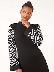 Roman Black Patterned Sleeve Tunic Knit Jumper - Image 2 of 5