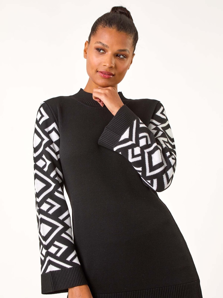 Roman Black Patterned Sleeve Tunic Knit Jumper - Image 2 of 5