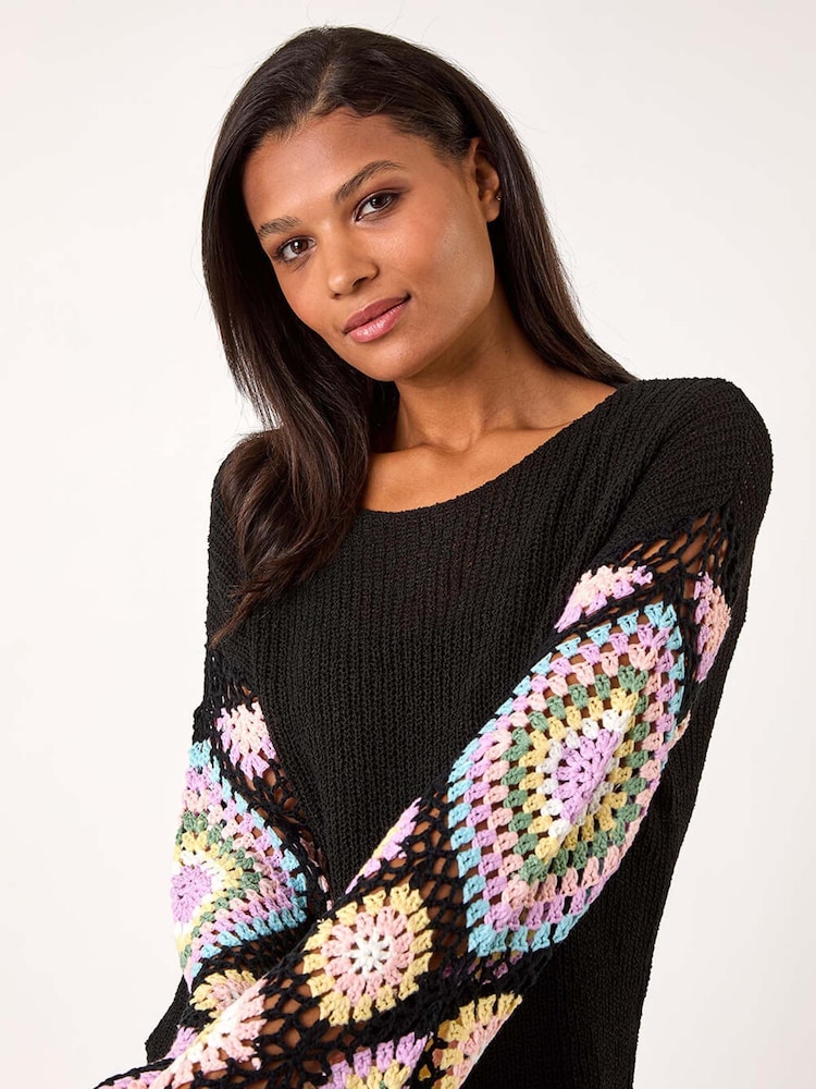Roman Black Multi Crochet Detail Knit Jumper - Image 1 of 5