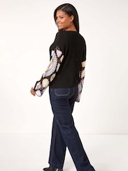 Roman Black Multi Crochet Detail Knit Jumper - Image 3 of 5