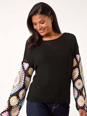 Roman Black Multi Crochet Detail Knit Jumper - Image 4 of 5