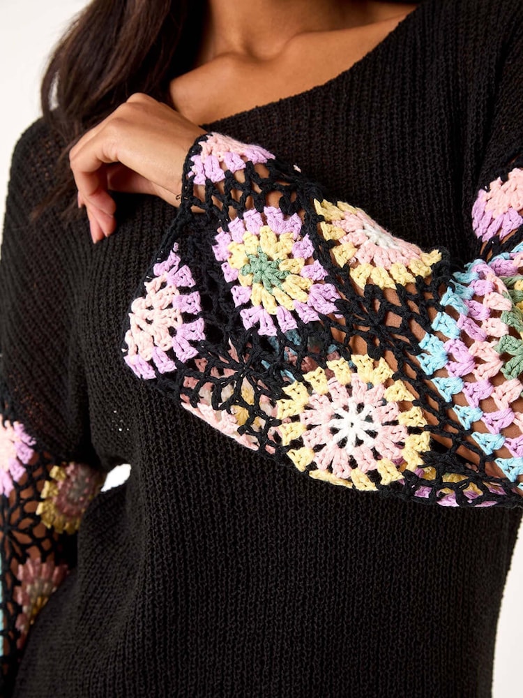 Roman Black Multi Crochet Detail Knit Jumper - Image 5 of 5