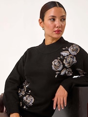 Roman Black Floral Print Sequin Knit Jumper - Image 1 of 5