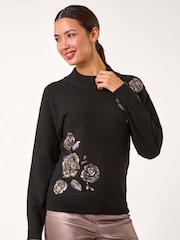 Roman Black Floral Print Sequin Knit Jumper - Image 4 of 5