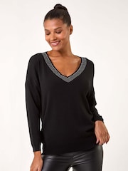 Roman Black Hotfix Trim V-Neck Knit Jumper - Image 4 of 5