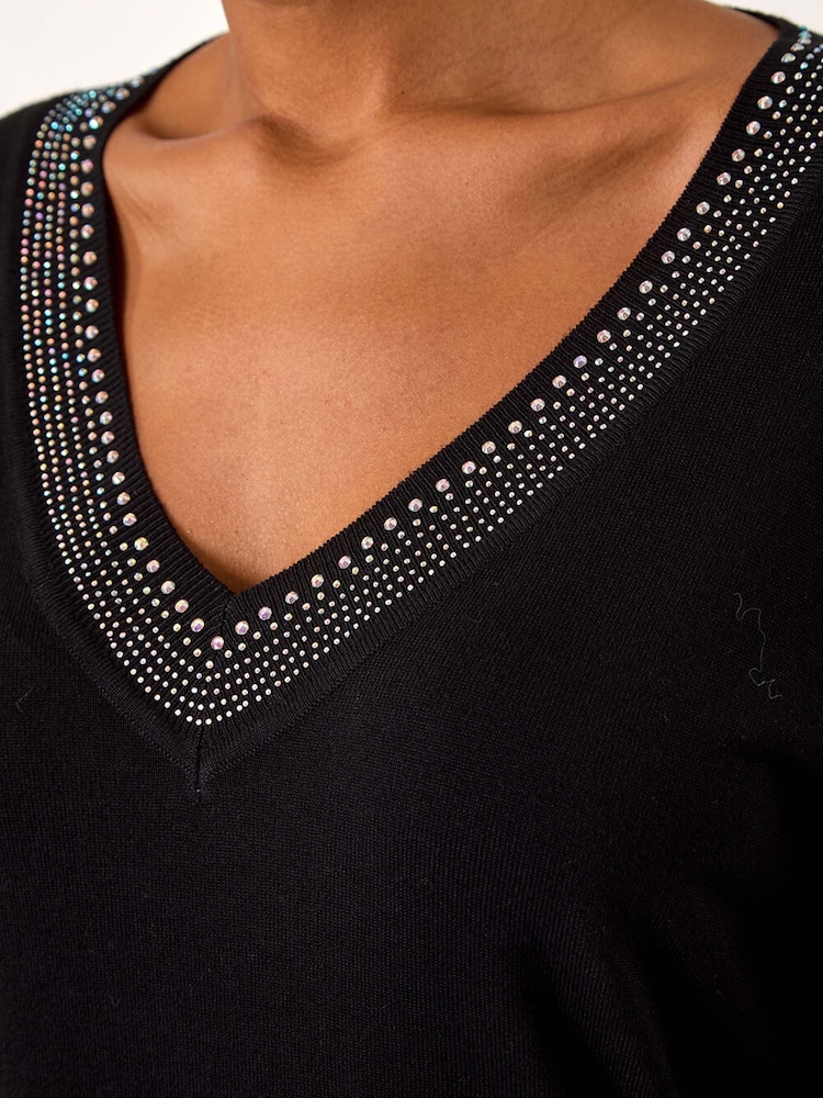 Roman Black Hotfix Trim V-Neck Knit Jumper - Image 5 of 5